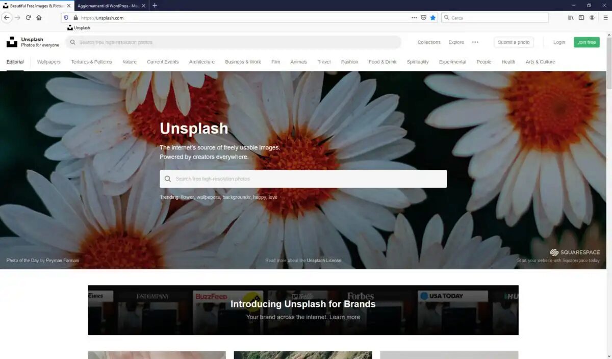 La homepage di Unsplash