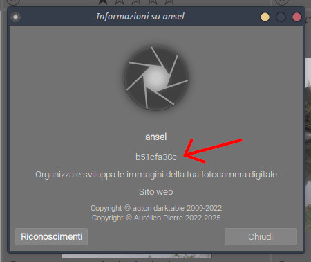 La versione installata di Ansel